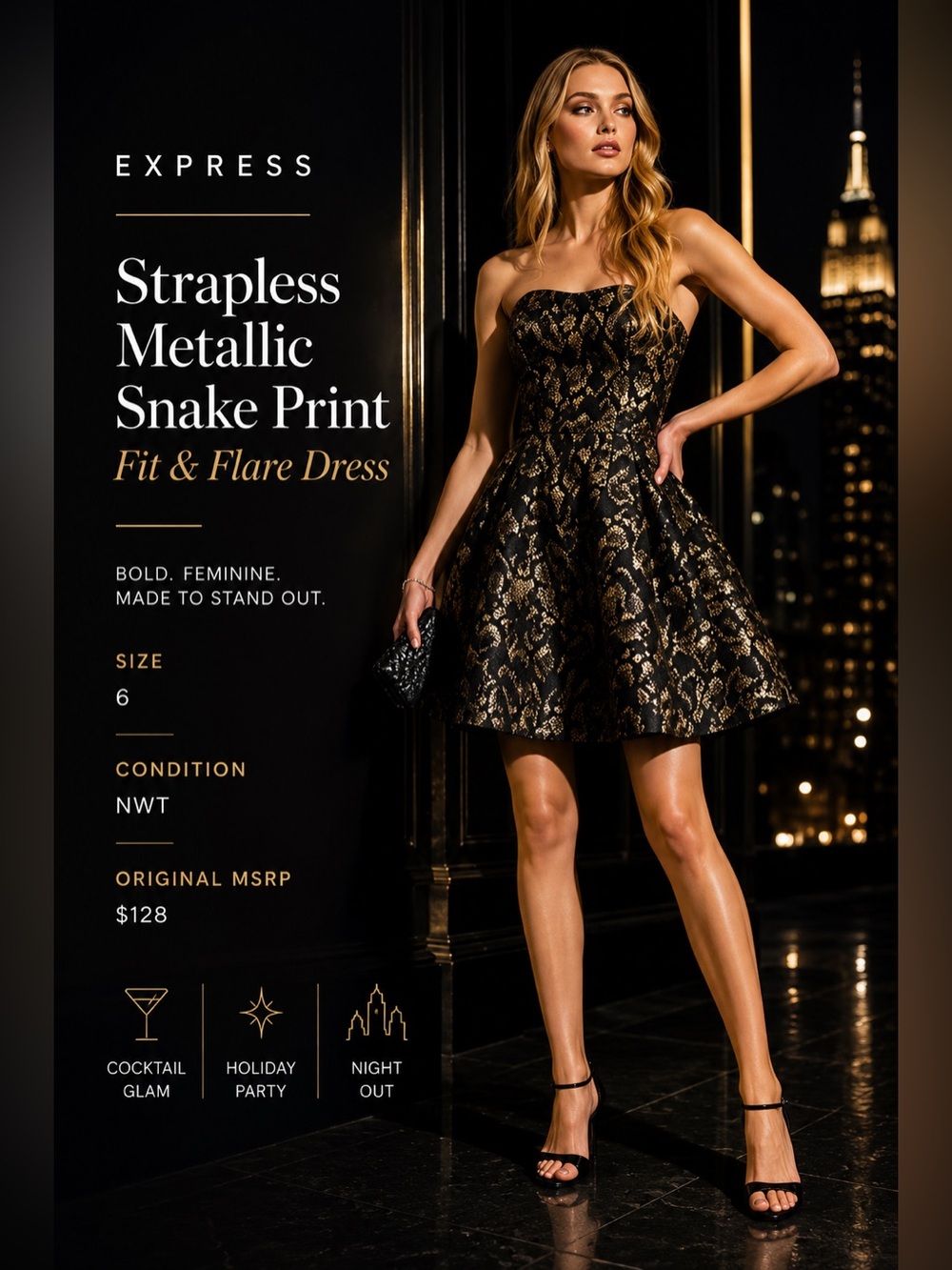 Express Strapless Metallic Snake Print Fit & Flare Dress Size 6 NWT
